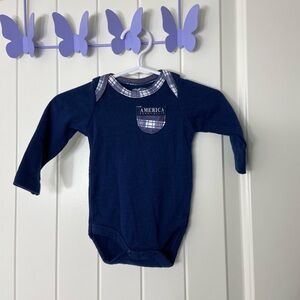 EUC Perry Ellis‎ baby unisex navy blue plaid pocket long sleeve onesie 3 months